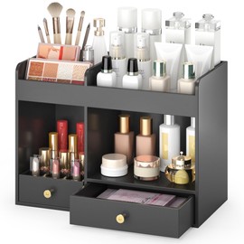 Wisuce Essentials Makeup Organizer with Drawers, Bamboo Countertop Cosmetic Storage for Dresser Vanity Organizer Beauty Desk Skincare Holders Container Make Up Organizing for Lipstick