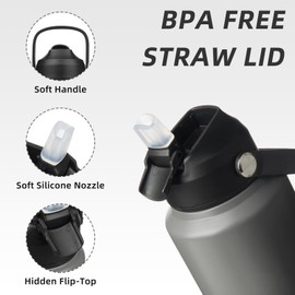 BJPKPK Insulated Water Bottle with Straw Lid, 40oz Large Thermos, BPA Free Leak Proof Stainless Steel Metal Water Bottles, Tumblers, Cups, Flasks for Travel, Sports,Black Grey