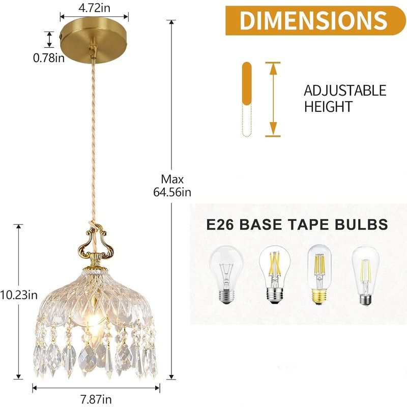 LYTSNUGIC Small Vintage Crystal Pendant Light Kitchen Island,French Brass Glass