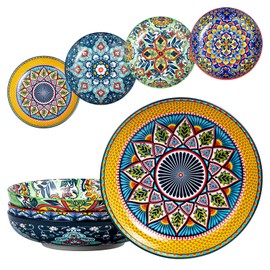HENXFEN LEAD Pasta Bowls– 33 oz Colorful Ceramic Salad Bowls Set of 4, Wide and Shallow Serving Bowls for Soup, Dinner – Microwave & Dishwasher Safe Pasta Plates