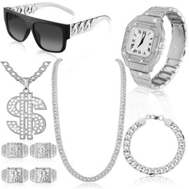 Equsion 9 Pcs Hip Hop Jewelry Set Dollar Sign Pendant Necklace Bracelet Diamond Watch Punk Sunglasses Lucky Rings for Men (Silver)