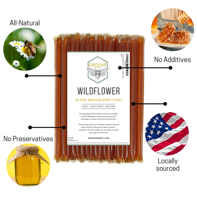 Wildflower Honey Sticks for Tea, Travel & Snacks - Premium