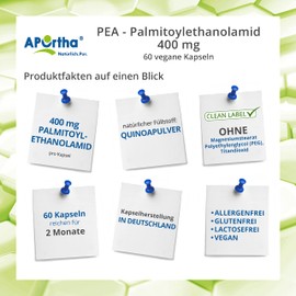 APOrtha® PEA - Palmitoylethanolamid, 60 vegane Kapseln, mit 400 mg Palmitoylethanolamid pro Kapsel pro Tagesverzehr, natürlicher Füllstoff: Quinoapulver, vegan, glutenfrei, laktosefrei, allergenfrei