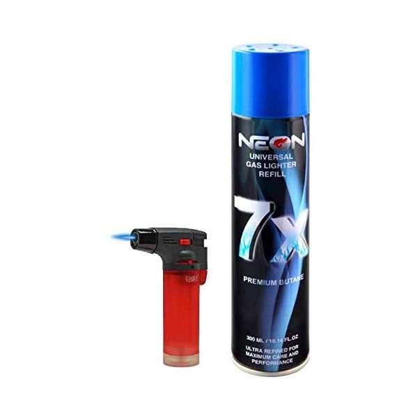 Big Eagle Torch Lighter + NEON 7X Butane Refill Fuel Fluid 10oz Can Bundle Combo