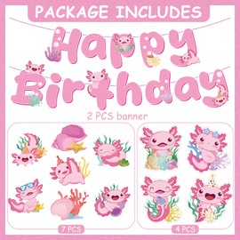 Axolotl Birthday Party Decorations Banner - 12 Pcs Pink Decoration Happy Birthday Banner Backdrop Axolotl Hanging Swirls Cute Animals Table Honeycombs Centerpieces Favors for Girl Party Supplies