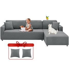 XINEAGE Sectional Couch Covers High Stretch 2 Pieces L Shape Sofa Cover with 2pcs Pillowcases Corner Couch slipcovers Chaise Cover with Elastic Bottom 3 Seats + 2 Seats (Light Gray)