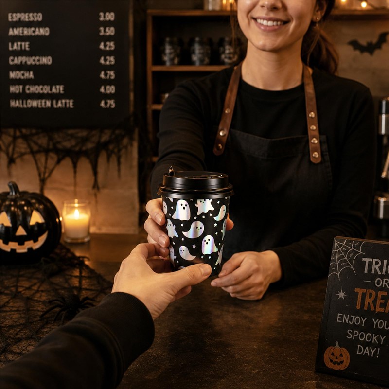 50 Set Halloween Disposable Coffee Cup & Lid, 8oz Holographic