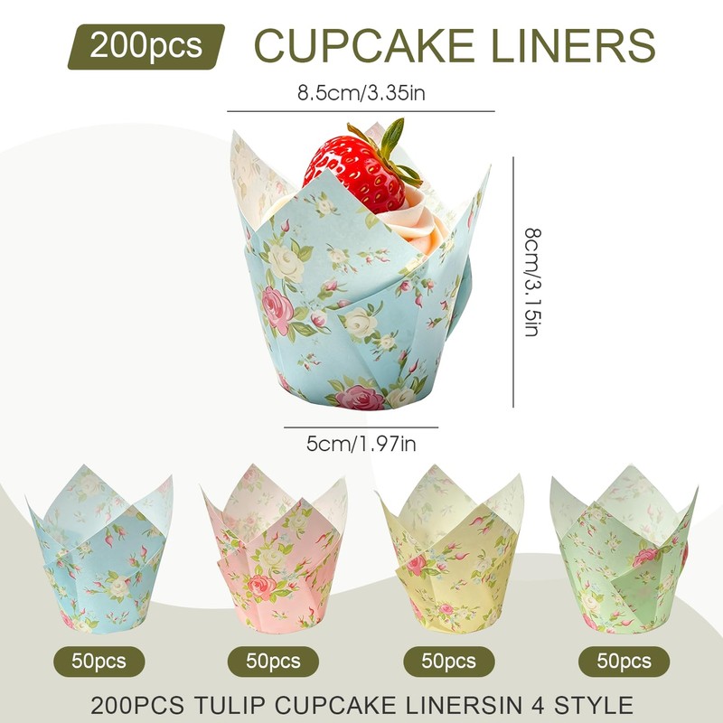 200Pcs Tulip-Shaped Cupcake Liners, 4 Colors, 3.2×2 Inches
