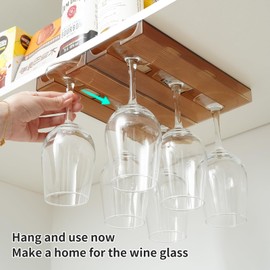 DMOKJER Wine Glass Holder,2 Pack Wine Glass Rack Punch-free Under Cabinet，Plastic Stemware Holder Glasses Storage Hanging Organizer for Kitchen and Bar (‎Brown)