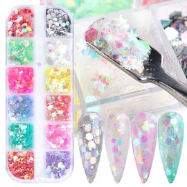 Iridescent Glitter Nail Art Sequins, Holographic 3D Irregular Ultra-Thin Nail Art Glitter Flakes Designs, Shiny Mermaid Nail Glitter Slices Resin Acrylic Supplies for Women Girls Manicure Decorations