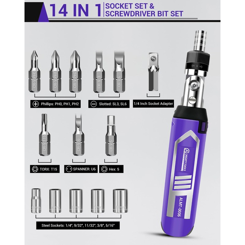 Ratchet Screwdriver Set, 14-in-1 Multi Bit Screwdriver Set, 180° Pivoting