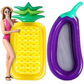 Libima 2 Pcs 73 Inch Giant Pineapple Pool Floats 75 Inch Eggplant Pool Float, Large Float Raft Summer Beach Swimming Pool Inflatable Floatie Lounge for Adults
