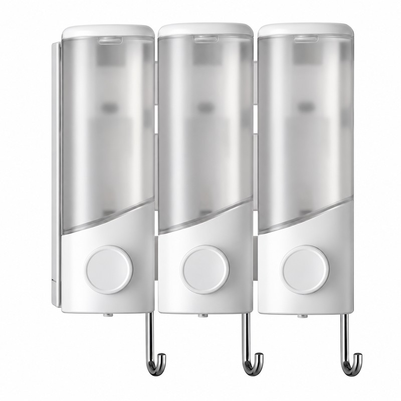 Wall Mounted Shampoo and Conditioner Dispenser with Hooks, 3-Compartment Refillable