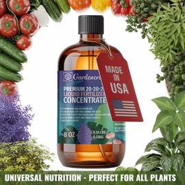 Gardenera Premium All-Purpose 20-20-20 Liquid Fertlizer - 𝐂𝐎𝐍𝐂𝐄𝐍𝐓𝐑𝐀𝐓𝐄 - Increases Flowering and Yield on All Varieties of Fruits, Vegetables and Flowers| Liquid Plant Superfood (8 OZ)