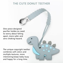 Teething Toys for Babies, Baby Teethers with Clip Silicone Baby Teether Toys for Boys and Girls Infant Teething Relief for Teething Dinosaur Shape, Gray