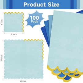 100pack Blue Cocktail Napkins - 5 Inch Gold Foiled Scalloped Paper Napkins, Elegant Paper Napkin Beverage Napkin for Wedding, Baby Shower, Bridal Shower, Holiday Party