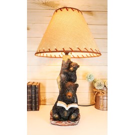 Ebros Story Time Fable Mother Bear Reading Book to Her Cub by Tree Branch Outpost Table Lamp Statue with Burlap Shade 23"High Wildlife Rustic Cabin Lodge Decor Forest Bears Family Desktop Lamps