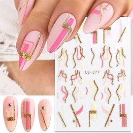 French Tip Nail Art Stickers Gold Glitter Nail Decals 3D Self-Adhesive Abstract Wave Swirl Design Nail Stickers Acrylic Nail Art Supplies for Women DIY Manicure Decorations 9 Sheets