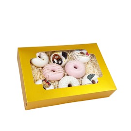 qiqee Auto-pop up Gold Cookie Box with Window 12x8x2.5 inch 32 Packs Two Uses One Second Folding Pastry Biscuit Bakery Box for Packaging