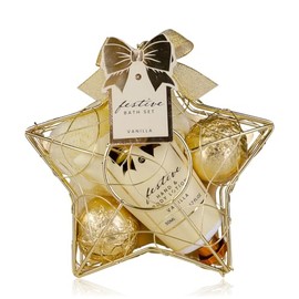 Accentra Shower Set Women Gift Set Festival in Star-Shaped Wire Basket Gold - 3-Piece Care Set with Hand & Body Lotion, Bath Fizzer and Mesh Sponge - Gift Set for Birthday & Christmas