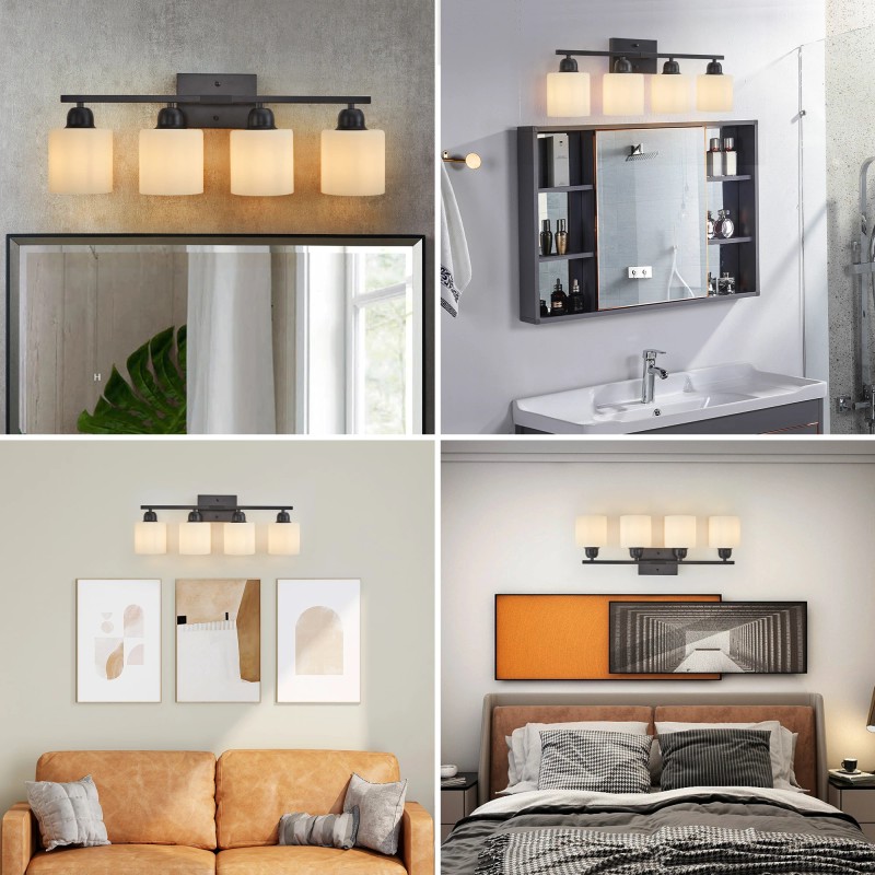 Milk Glass Bathroom Vanity Light Over Mirror, 4 Light Matte
