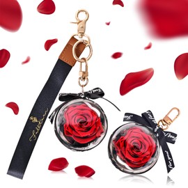 FULLTURN Preserved Red Rose Keychain with Lanyard,Gift for Her, Gift for Wife,For Birthday,Mother's Day,Wedding Anniversary,Valentine's Day,2 Pack (Red)