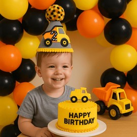LetDec Construction 2nd Birthday Hat - Dump Truck 2nd Birthday Party Crown, Photo Props for Excavator Crane Digger Boys Two Years Old Decorations