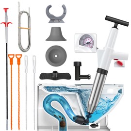 Toilet Plunge Blaster, 13-Piece Pipe Unclogging Tool Set, Drain Clog Remover, High Pressure Toilet Plunger with Real-Time Barometer, for Unclog Toilet, Bathrooms, Sinks, Floor Drains (White)