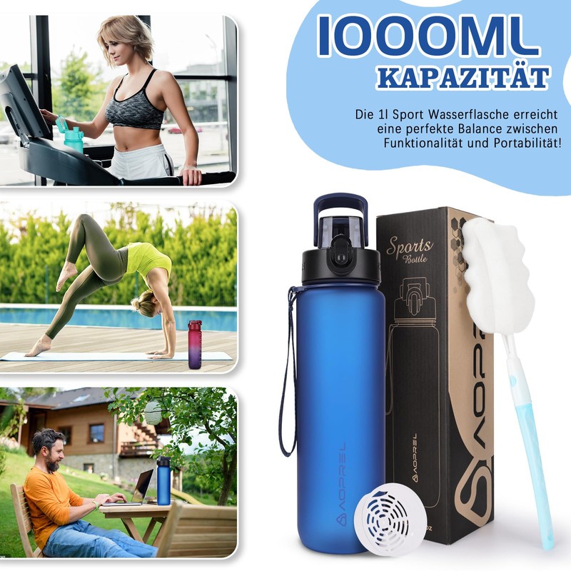 AOPREL Trinkflasche 1l, Wasserflasche BPA-Frei aus Tritan, Sport Trinkflasche Kohlensäure