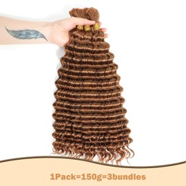Hailookmey Human Braiding Hair for Boho Braids 150g Deep Wave Human Hair for Braiding 3 Bundles/Pack No Weft Curly Human Hair Extensions for Braids (#30 Auburn Ginger Color,20 Inch)