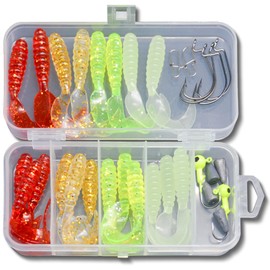 Steinn Rubber Fish Set with Hooks and Offset Jig Heads Fishing Bait Set Perch Zander Pike in Box (32 Pieces Texas Rig)