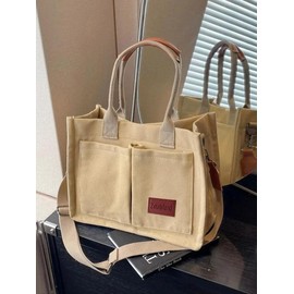 Solid Color/flower & Fruit & Heart Pattern Fabric Tote Bag for Women, Summer 2024 Large Capacity Everything Tote Bag, Travel Essentials, Multiple Pocket Work Bag:_Khaki_Please Refer To The Pictures for Dimensions