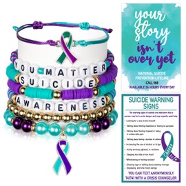 Y1tvei Suicide Awareness Bracelets Set- 7Pcs Suicide Prevention Awareness Colorful Clay Bead Surfer Bracelet with Ribbon Motivational Jewelry Accessories Gift for Suicide Mental Health Care Supplies
