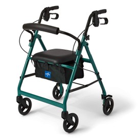 Medline Aluminum Rollator Walker with Seat, Folding Mobility Rolling Walker has 6 inch Wheels, Green