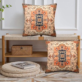Chicamy Linen Cushion Cover, 45 x 45 cm, Set of 2, Bohemian Indian Cushion Covers, Double-Sided Pillowcase with Zip, Country House Style, Autumn Decorative Cushion Cover for Living Room, Bedroom