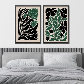 Ashbrook Framed Canvas Print Wall Art Set Modern Botanical Elegance Abstract Monochrome Leaf Illustrations Modern Art Decorative Minimal for Living Room, Bedroom, Office - 24"x36"x2 Black