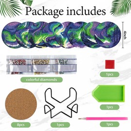 DOZEEZOP 8 PCS Diamond Art Coasters Kit, Diamond Painting Coasters with Holder, Fall Diamond Art Kits for Adults Beginners, Arts and Crafts Supplies Party Item Sets Polar Lights