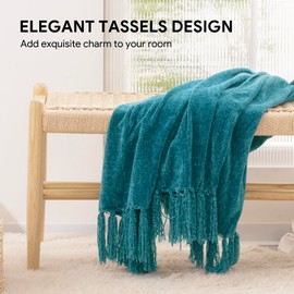 RECYCO Throw Blanket Soft Cozy Chenille Throw Blanket with Fringe Tassel for Couch Sofa Chair Bed Living Room (Teal, 50'' x 60'')