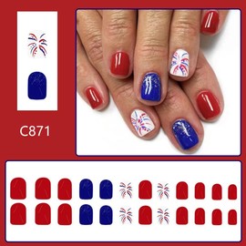 Independence Day Press on Nails Short Square Fake Nails with Fireworks Design Glossy Red False Nails Blue Glitter Acrylic Nail Summer 4th of July Glue on Nail for Women Girls Manicure 24Pcs