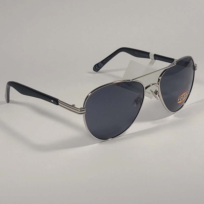 Fossil FM146 Men's Pilot Style Sunglasses Silver Black Frame Solid