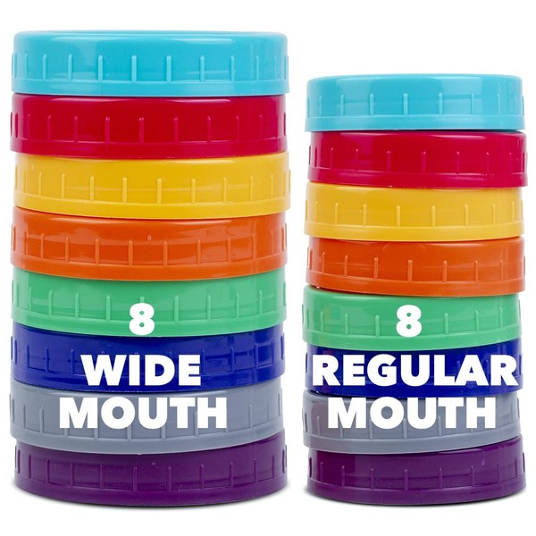 16 Pack Colored Plastic Ball Jar Lids, Kerr - 8 Regular Mouth & 8 Wide Mouth Mason Jar Lids Canning lids for Canning Jars, Reusable Mason Jar Plastic Lids for Yogurt