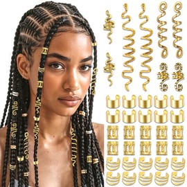 NAISKA 38Pcs Gold Snake Hair Jewelry Metal Hair Cuffs Rings for Braids Loc Jewelry Dreadlock Beads Accessories for Black Women