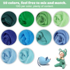 10 Colours Needle Felting Set, Needle Felt Wool, Needle Felting Wool, Needle Felt Wool Kit with Felting Needles, Felting Wool Set, 10 g each, Felting Wool Wet Felting Needle Felting Set for Felting