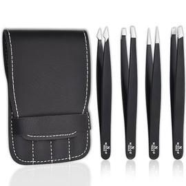 Pinzas para cejas para mujer, de acero inoxidable inclinadas, 4 piezas, con bolsa de cuero, pinzas de pelo encarnadas para cejas, barbilla y cara