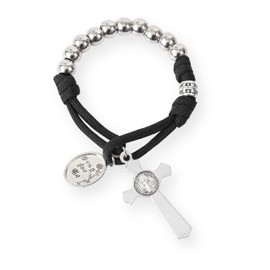 Nazareth Store Strong Military One Decade Paracord Rosary Silver Beads Pocket Car Rosary Pray For Us St. Joseph Medal & St. Benedict Cross (Black Paracord Rosary)