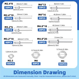 Glarks 560pcs Silver Blind Rivets Mounting Kit, 8-Size Aluminium Pop Rivets with 3-Size Backup Washer Assortment Kit for Aviation Automotive Furniture Use