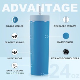 MEWAY 24oz Plastic Skinny Tumblers Bulk 4 Pack,Double Wall Acrylic Tumbler with Lid and Straw,Matte Reusable Plastic Cups for Party,Birthdays,Customization DIY Gifts(Grey blue,Set of 4)