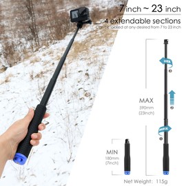 YALLSAME Waterproof Selfie Stick, 7'' - 23'' Short Extension Stick Compact Hand Grip Monopod Pole for GoPro Hero 13 12 11 10 9 8 7 6 5 4 Session Max Insta360 X3 GO3 AKASO DJI Osmo Action 4 3 2 1