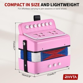 RIVVTA Accordion, 10 Keys Button Accordion 7 Key 3 Bass Mini Musical Instrument, Light Pink