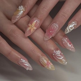 Summer 3D Flower French Almond Handmade Press On Nails Dopamine Aurora Water Drop Shape Fake Nails Cute Pearls Nail Art,Pink Stick on Nails Glossy Acrylic Nails for Women Girls 24 Pcs